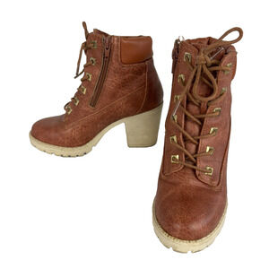 Zigi Soho Block Heel Booties Womens Size 6 Cognac Zipper and Lace-up Chunky Heel